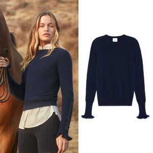 New GWYN Bunny 100% Merino Wool Ruffle Trim Sweater in Navy Blue